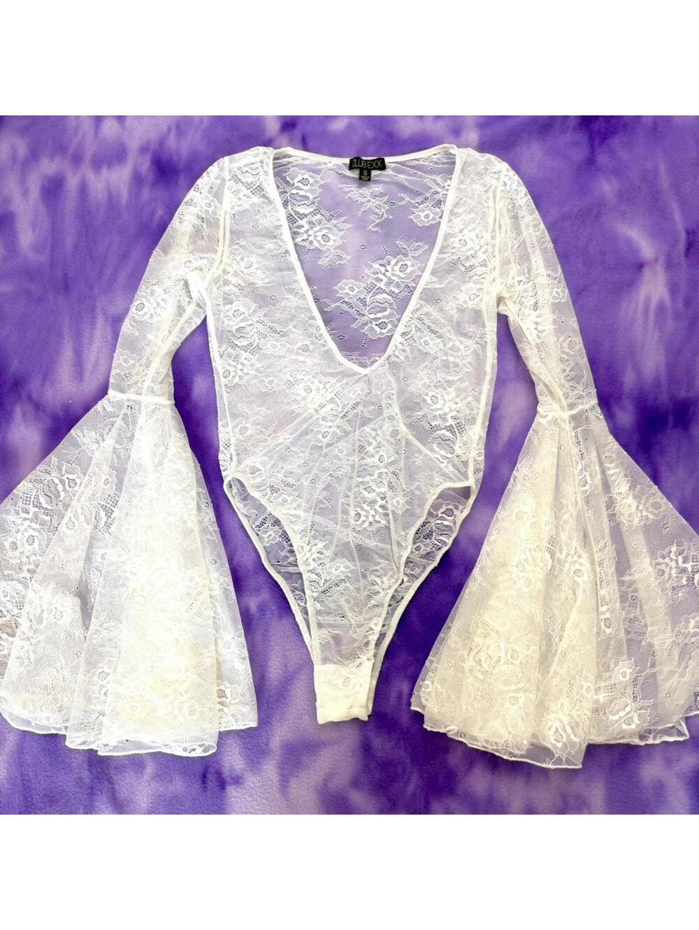 Club exx white lace bodysuit with mega flared sleeves